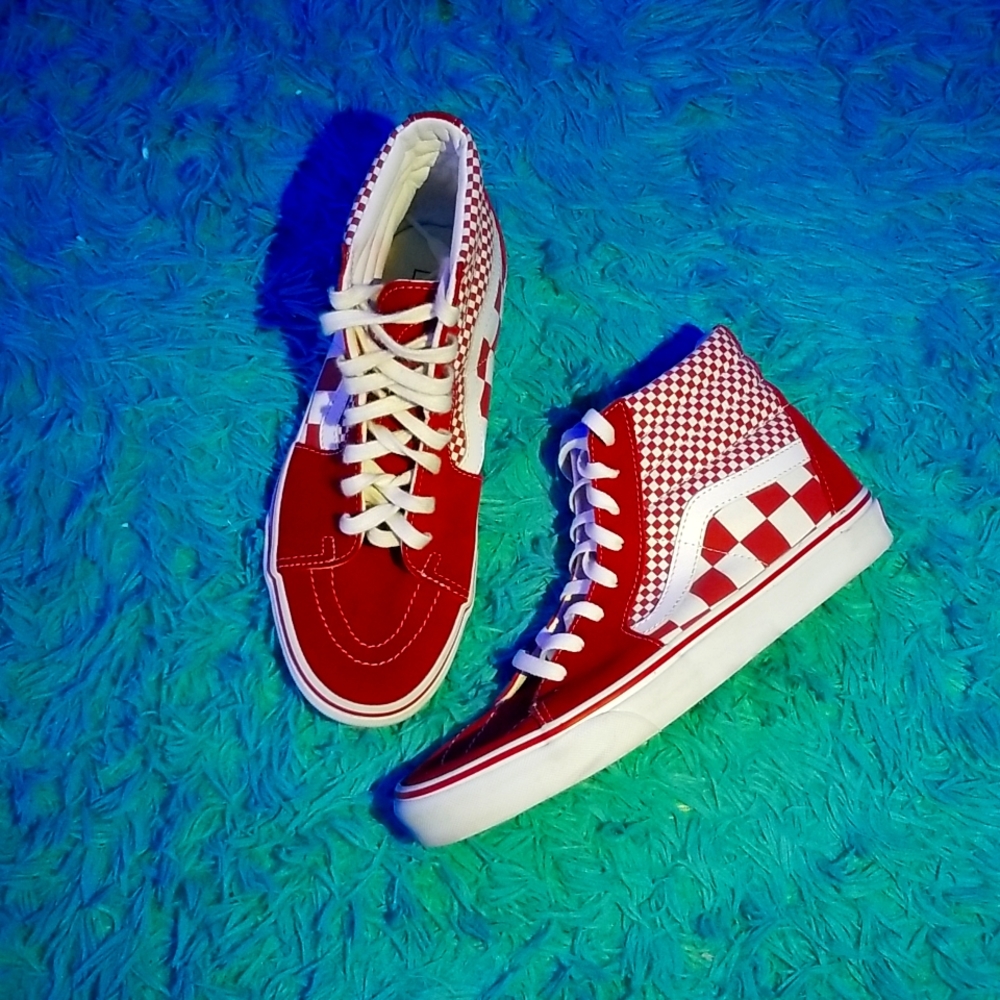 Red Vans wth checkerboard pattern